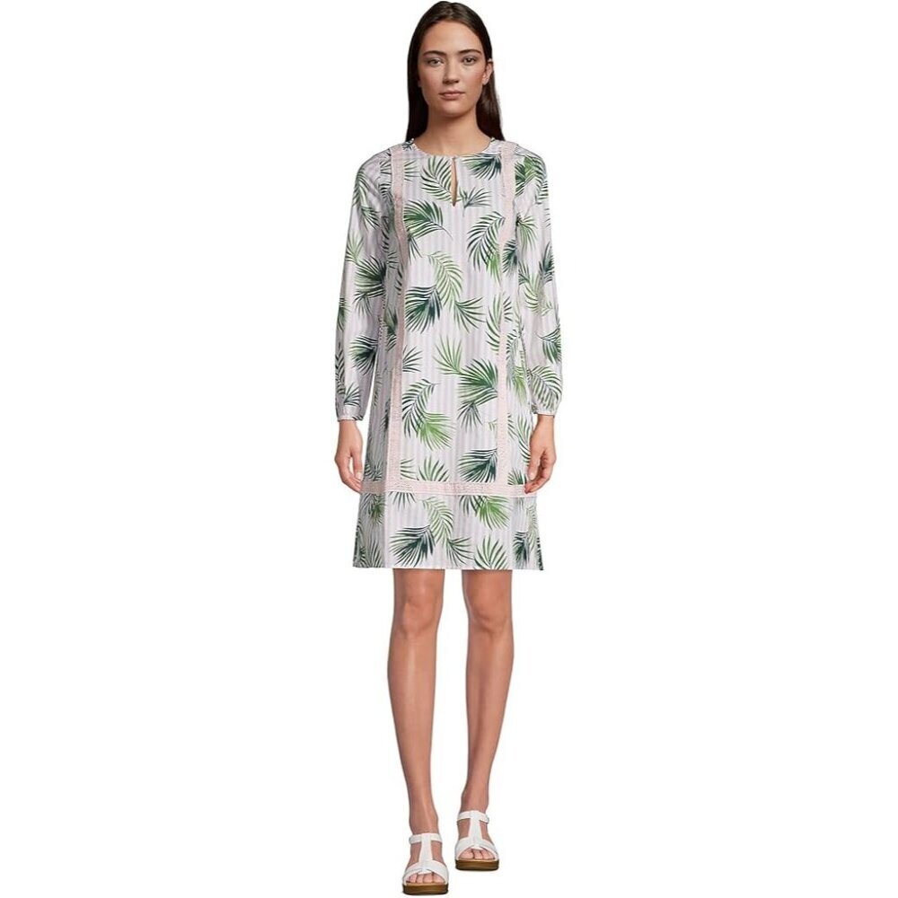 Land's End Women's Cotton Poplin Split Neck Dress White/Pink Large Petite Tropic